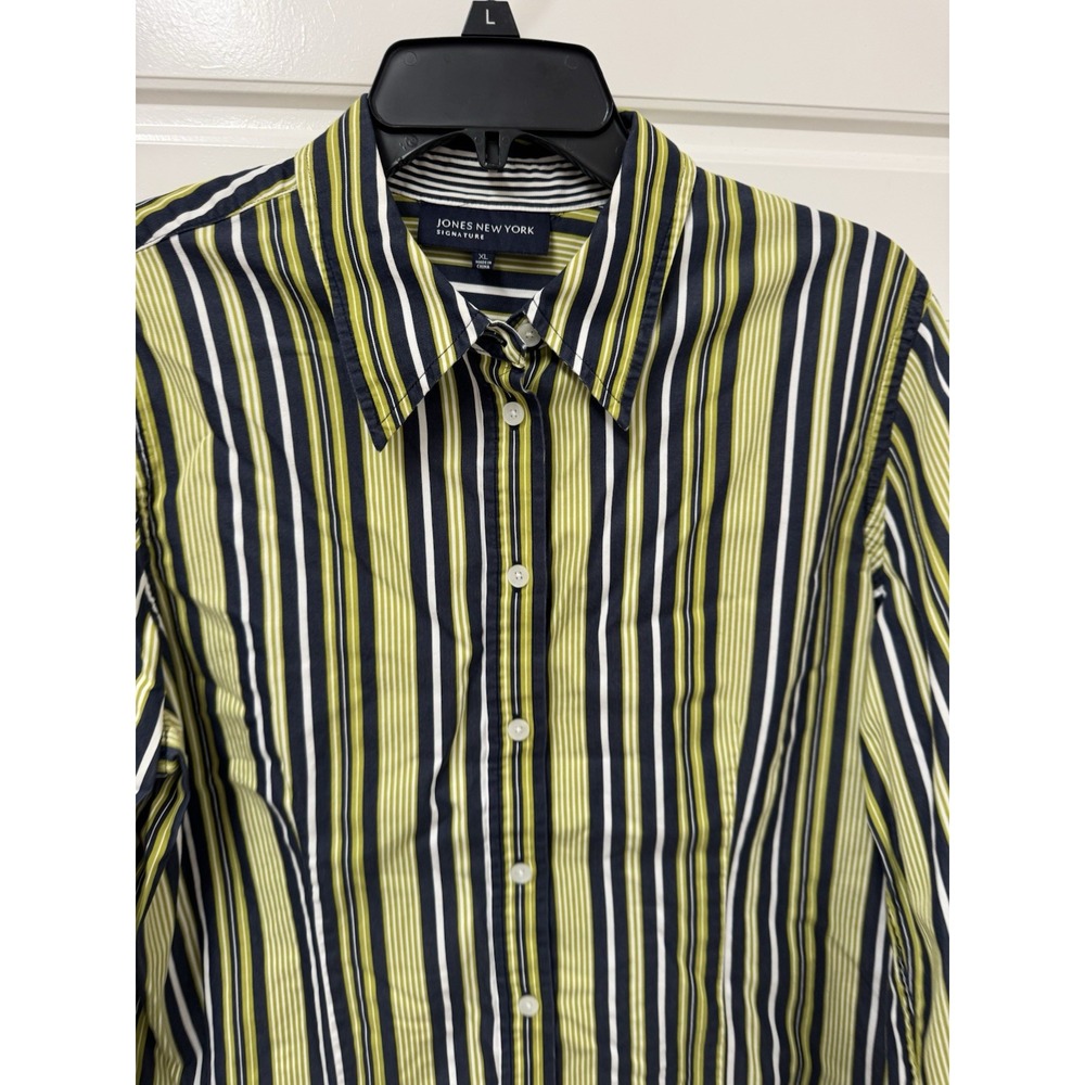 Jones New York Women XL Stripe Cotton Button Down Top Blouse Blue Green A11